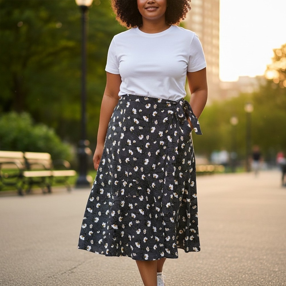 Kathie Lee Women Skirt Vintage Daisy Polka Dot Faux Wrap Midi Black White 24W